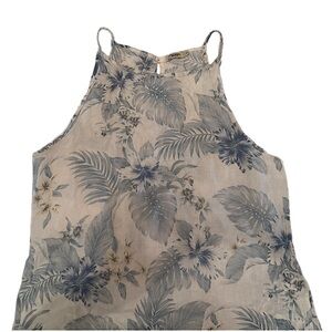 Lungo L'Arno Blue and White Palm Leaf Print Midi Linen Dress with Pockets